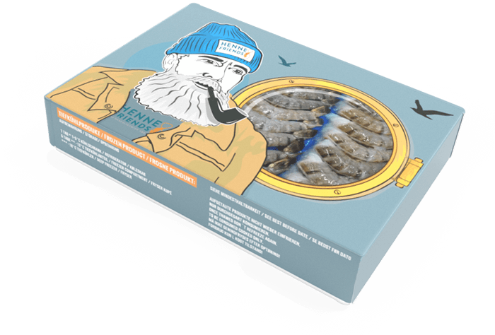 Henne & Friends Karton mit Seemann und Bullauge Illustration für tiefgekühlte Garnelen