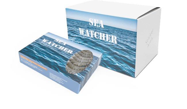 Tiefgekühlte Garnelen in Sea watcher Verpackung mit Sichtfenster vor großem Umkarton