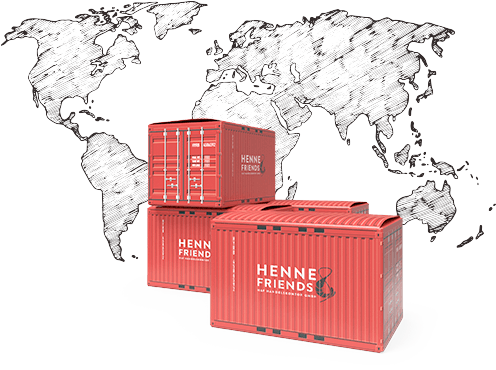 Henne und Friends Containerverpackung von Tiefkühlwaren vor einer Weltkarte